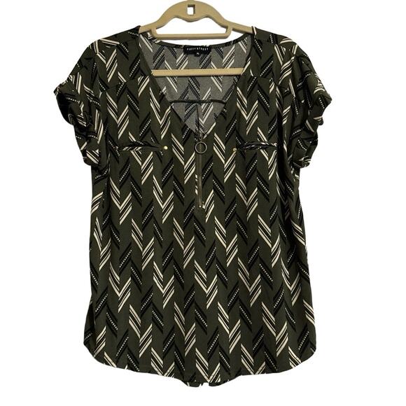 Tops - FIFTY STREET Blouse Womens XL Olive Green Chevron Half Zip Patterned Casual